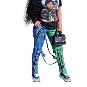 Contrast Color Zipper Patchwork Plaid Printed Pants